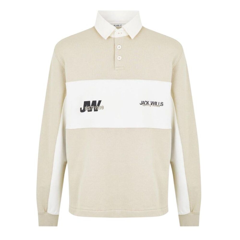 Jack Wills Mens Logo Relaxed Fit Rugby Shirt / Putty